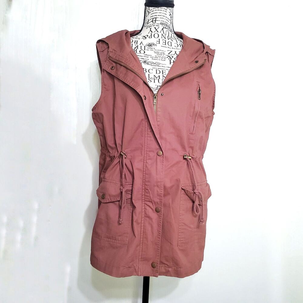 Zenana Brown Utility Vest Hood Cinched Waist Pockets Safari Layering Large